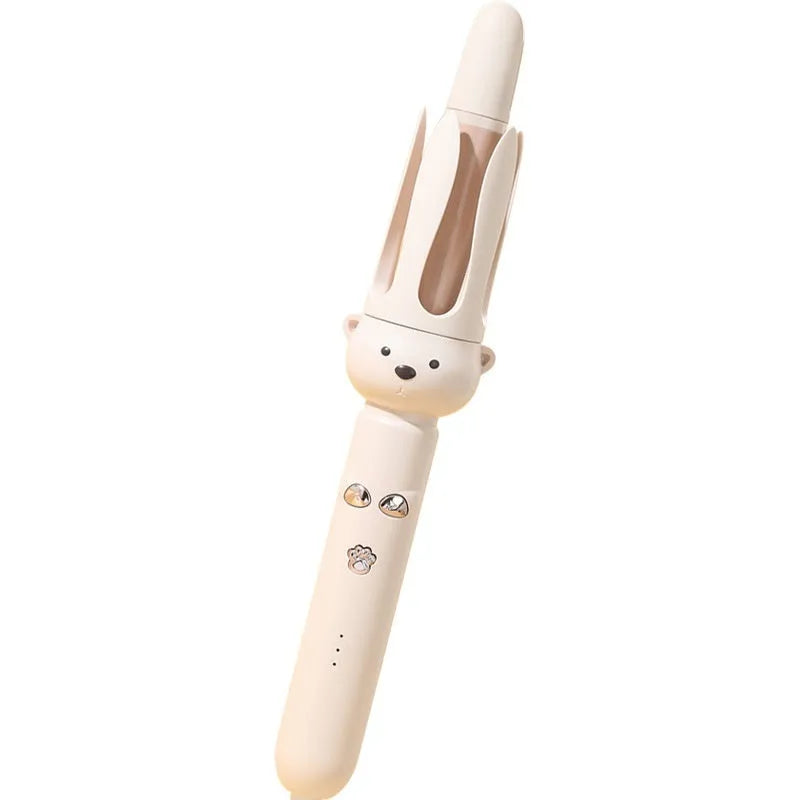 Beige anion automatic hair curler with rotating barrel on white background