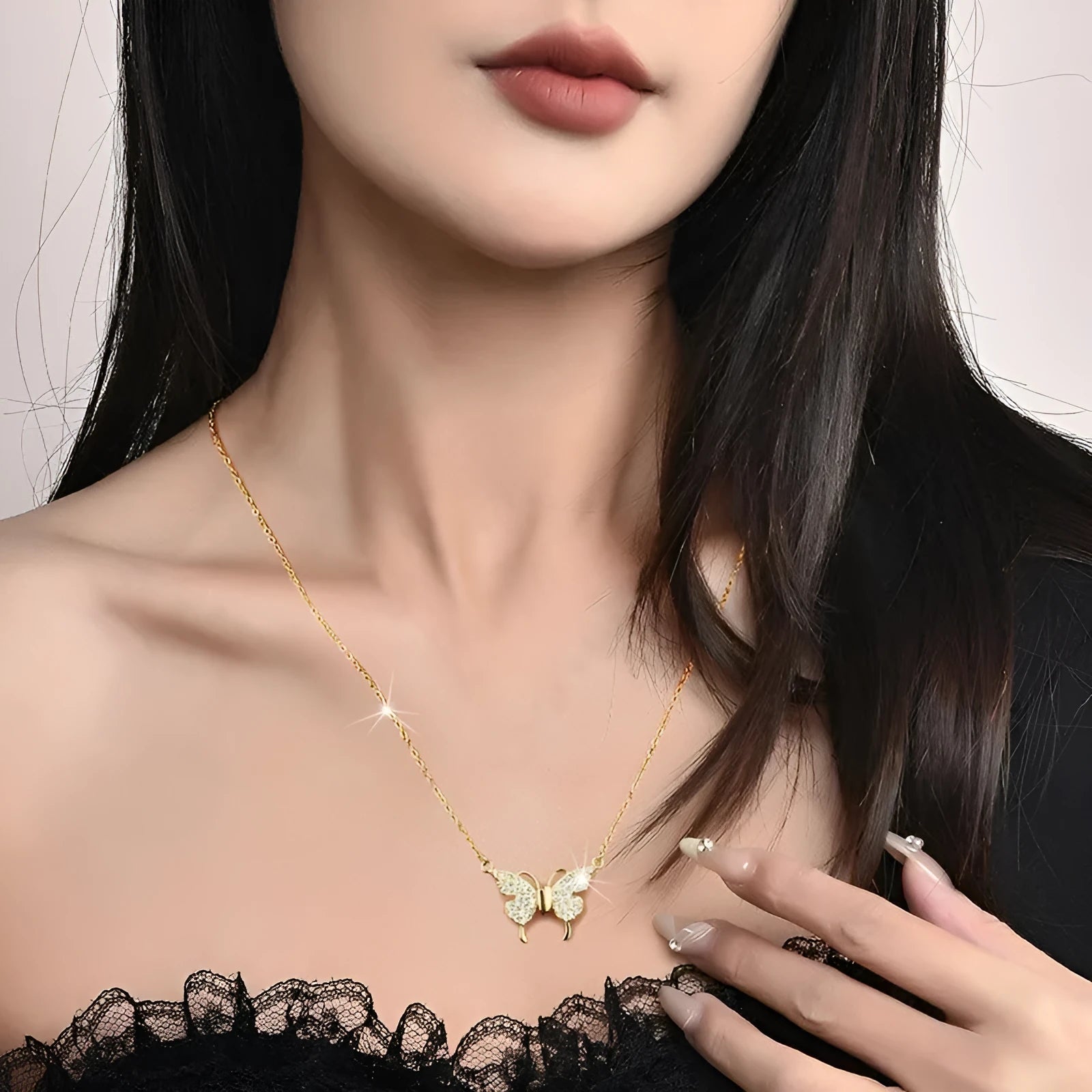 Gold titanium steel twisted chain butterfly necklace with magnetic clasp