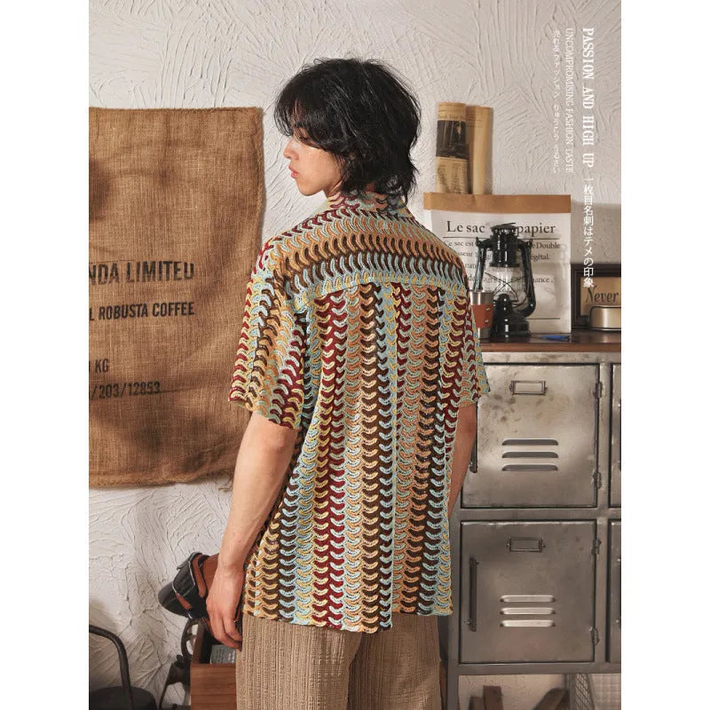 Japanese style Cuban collar short sleeve shirt in grey polyester jacquard fabric with slim fit plus size construction