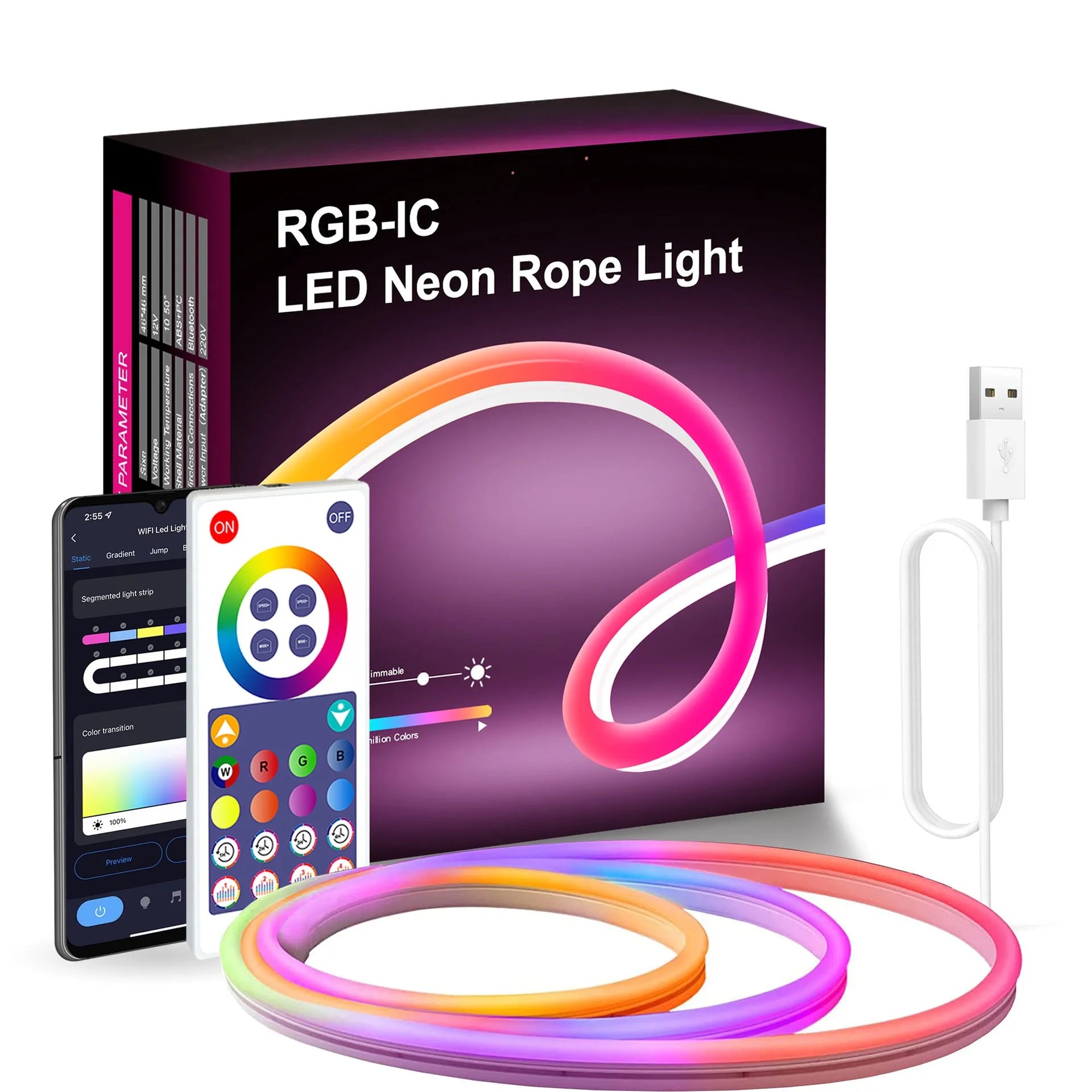 3 metre USB RGB magic colour LED neon light strip with remote control on white background