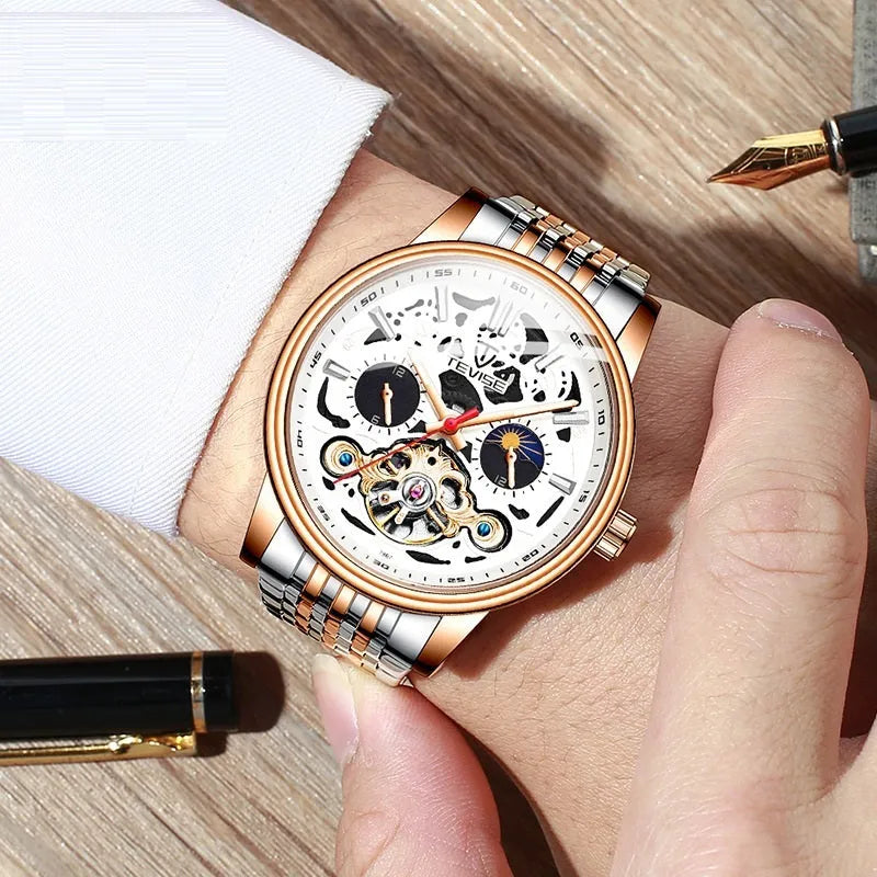 Men's waterproof luminous mechanical tourbillon watch with stainless steel case and choice of straps