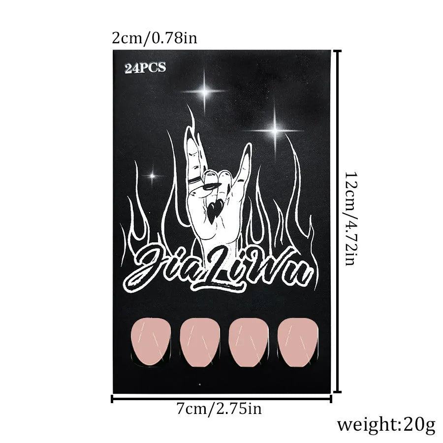 Simple black French style wear manicure 24 pieces short almond shape on neutral background