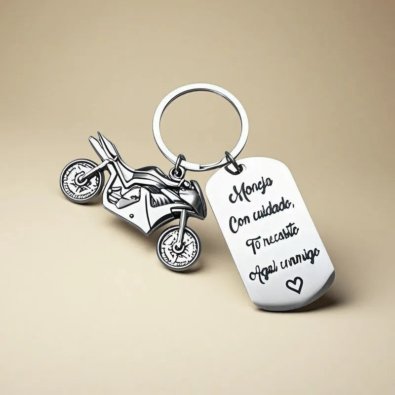 Stainless steel motorcycle keychain with modern simplicity design and velvet cloth packaging