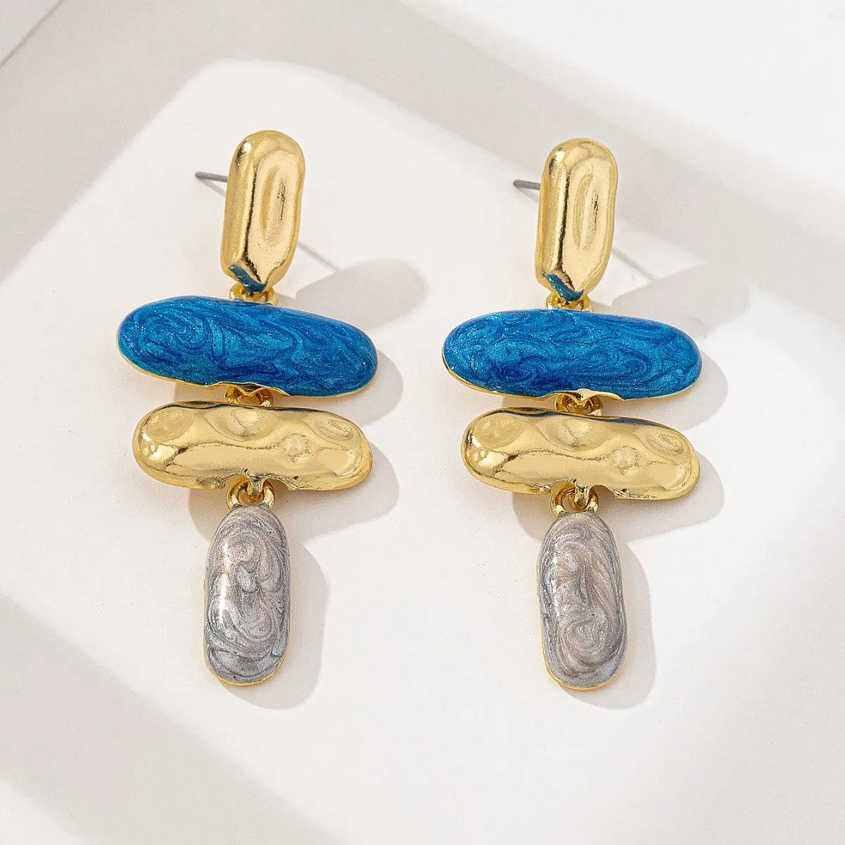 Geometric zinc alloy stud earrings with multicolour electroplated finish for women