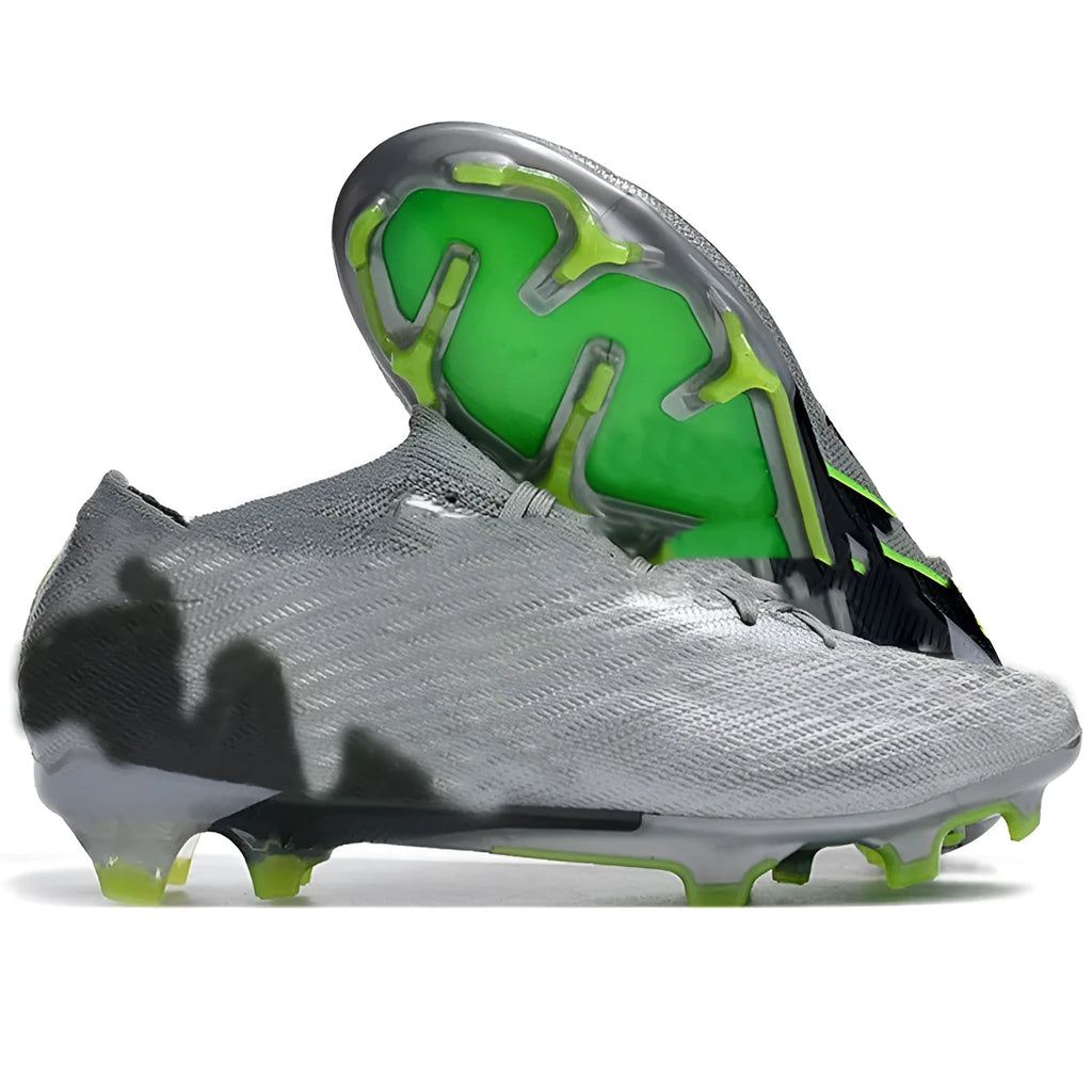 Men's football boots with knitted upper, FG studs, and built-in air cushion on green grass