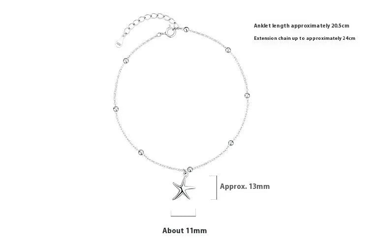 S925 sterling silver women's anklet with round beads and starfish charm