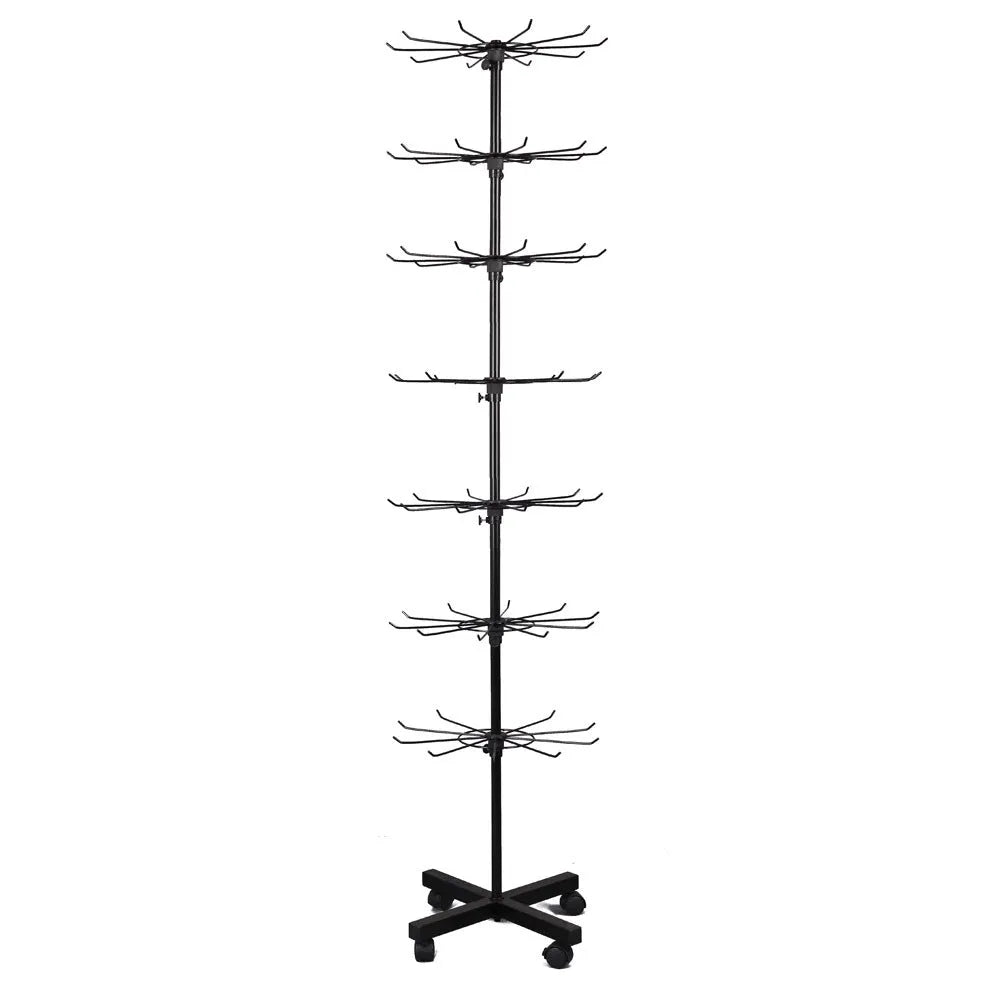 Iron accessory rack display stand with seven layers in black holding phone cases and gloves