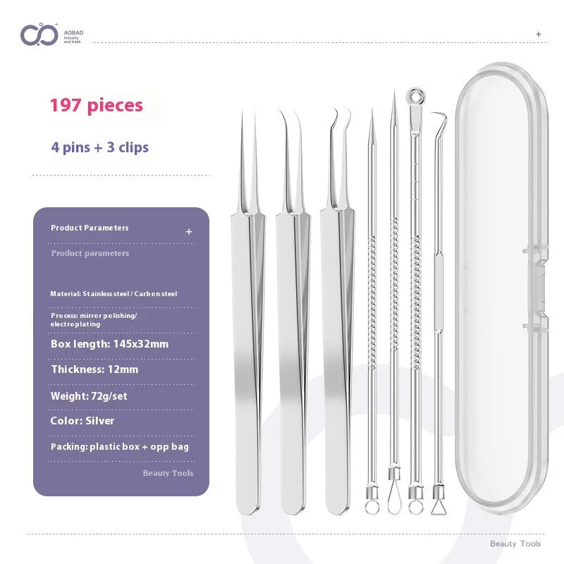 Four silver metal acne needles with fine pointed tips laid out on a surface.