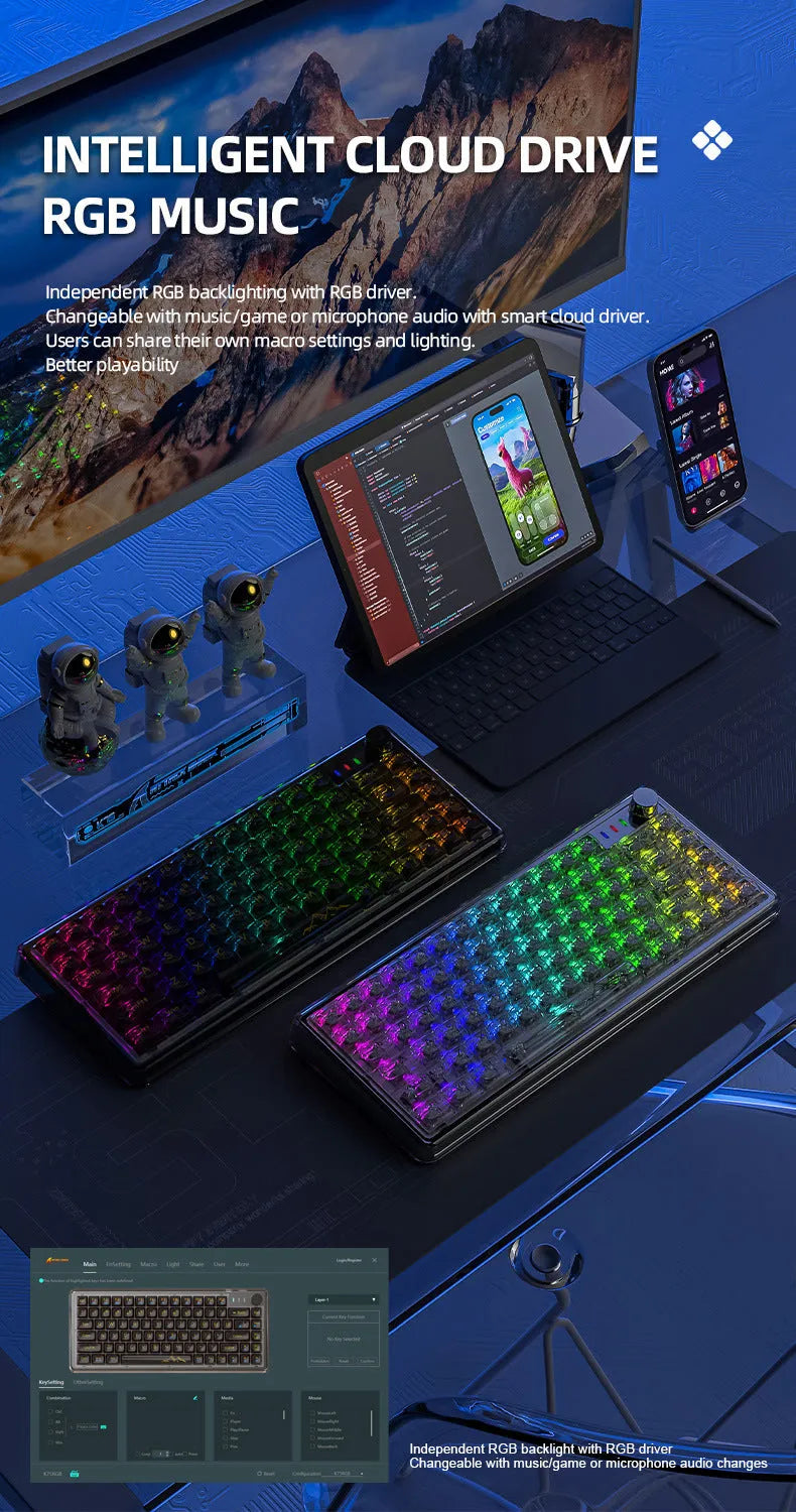 Attack Shark K75 RGB wireless mechanical keyboard with transparent housing showing internal components and RGB lighting