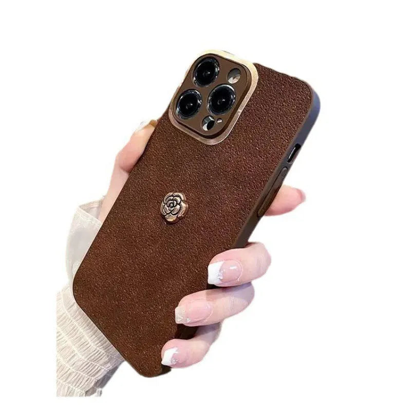 Brown frosted PC silicone phone case with camellia design for iPhone 11 to 15 series
