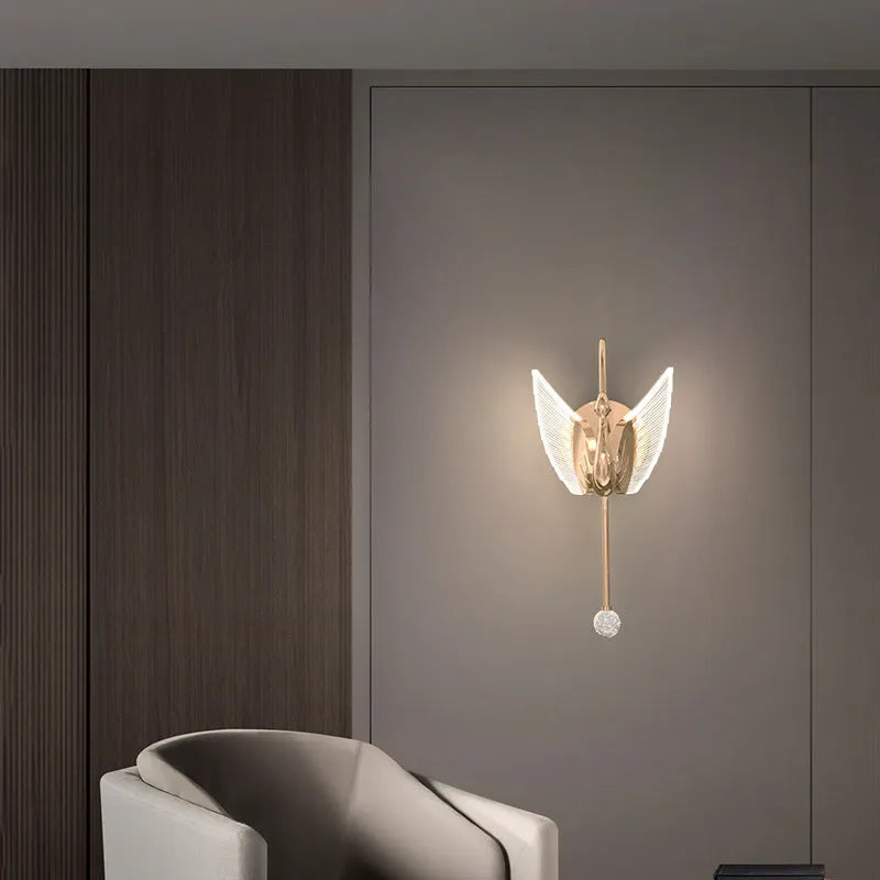 Gold modern minimalist swan wall lamp with iron body and acrylic shade for bedroom bedside lighting