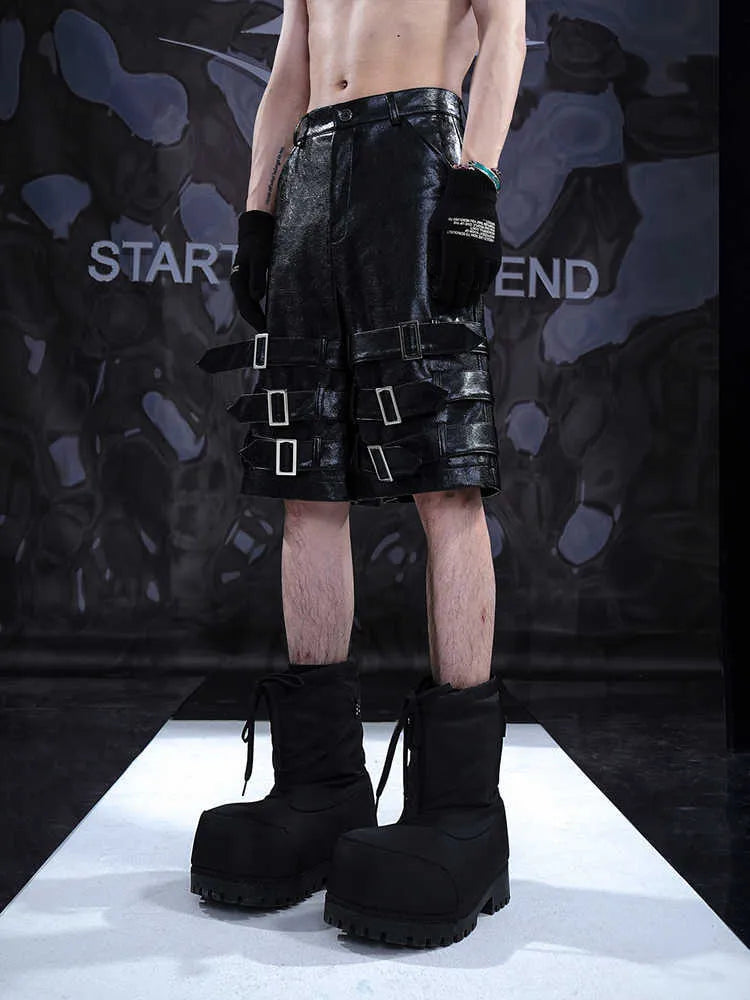 Men's black PU leather cropped shorts with medium-low waist design