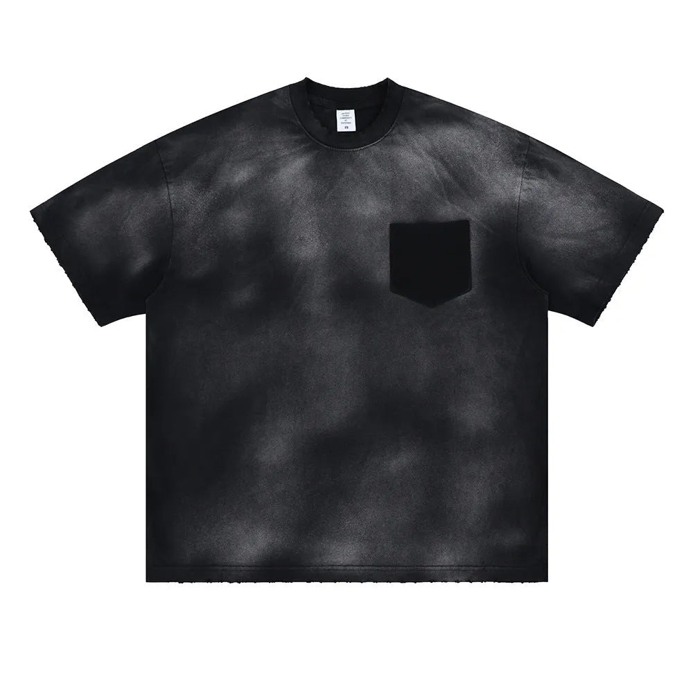 Black men's loose fit cotton t-shirt with printed white letter design and drop-shoulder sleeves.