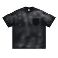 Black men's loose fit cotton t-shirt with printed white letter design and drop-shoulder sleeves.
