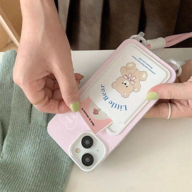 Pink bear TPU card holder lanyard phone case for iPhone 11 to 15 Pro Max with detachable strap