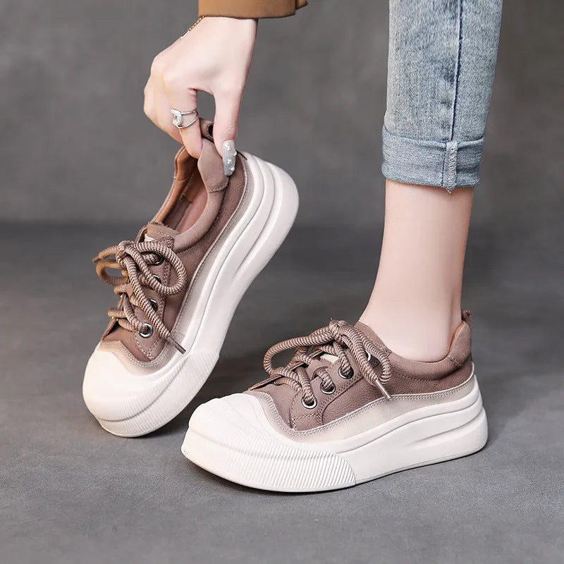 Women's yellow full grain cow leather lace-up casual shoes with round toe