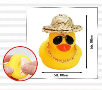 Yellow cartoon duck with straw hat car dashboard ornament on adhesive base with sunglasses necklace