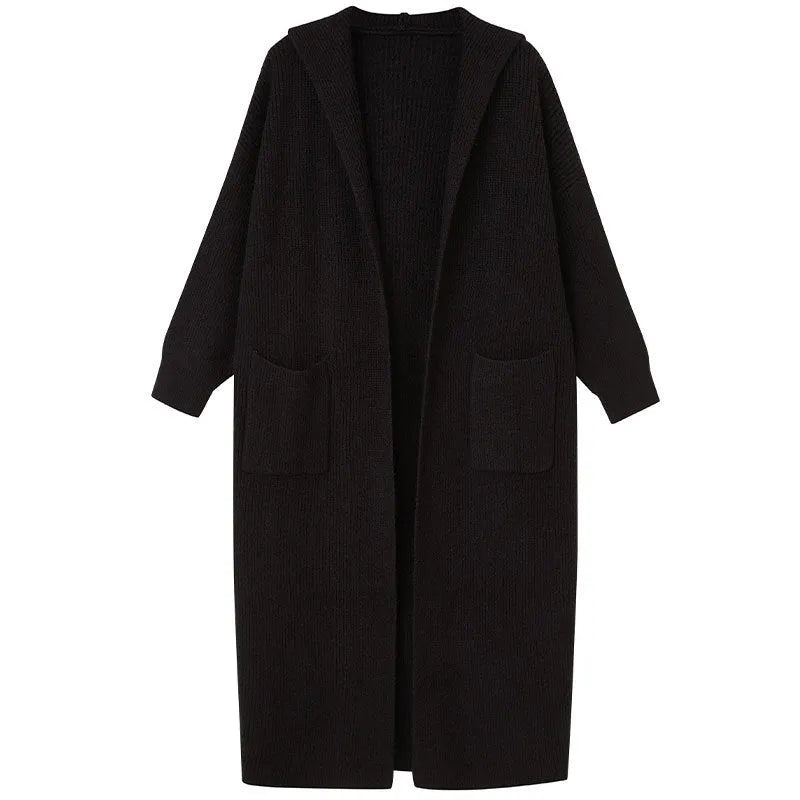 Long gray knitted cardigan hooded trench coat with loose fit and cashmere wool blend fabric
