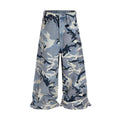 Snow camouflage blue loose-fit denim jeans with a mid-waist, shown on a hanger.