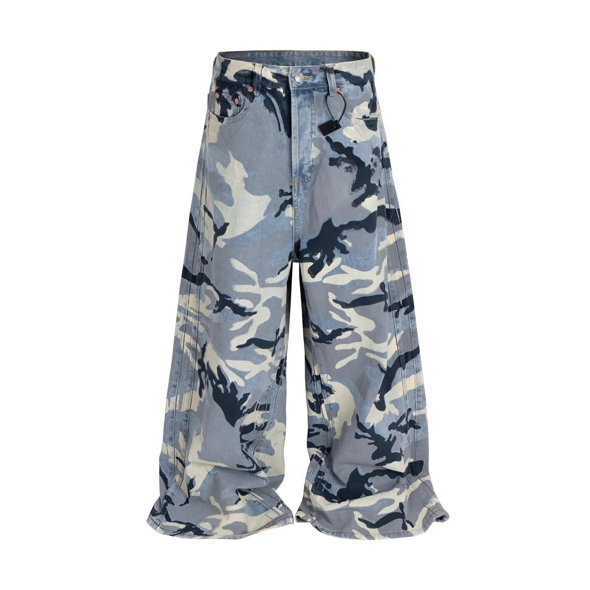 Snow camouflage blue loose-fit denim jeans with a mid-waist, shown on a hanger.