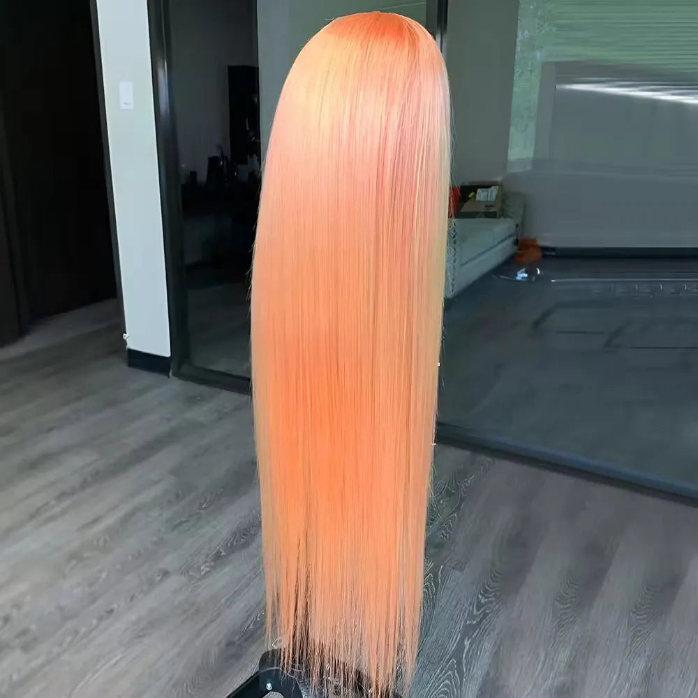 Light orange long straight front lace chemical fiber wig with side bangs on a mannequin head