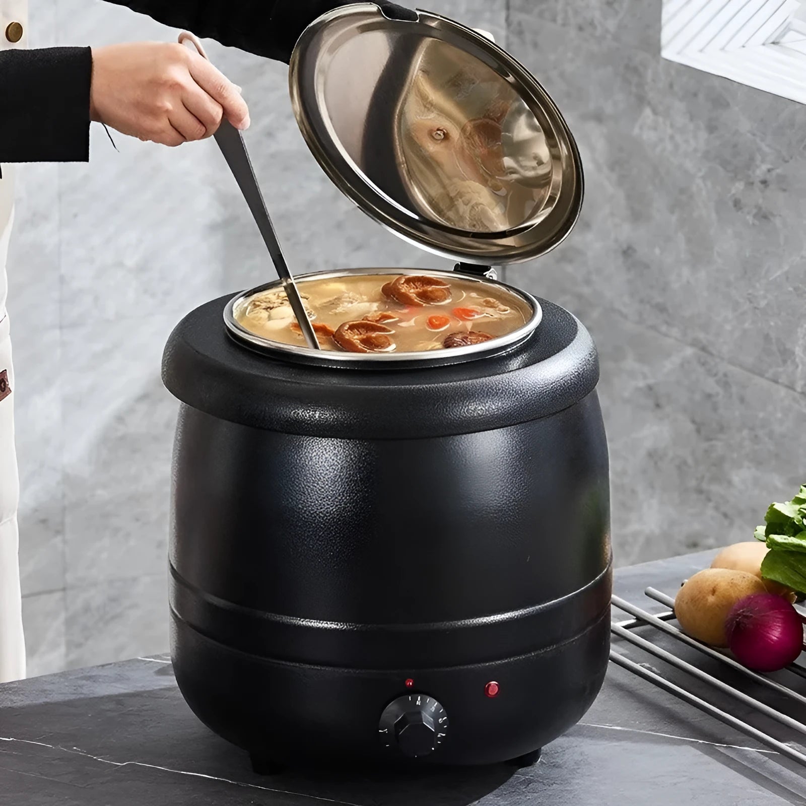 Black 10 litre stainless steel electric heating insulation pot with large mouth steel cover