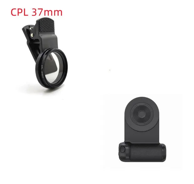 Black 3-in-1 magnetic phone camera holder with ergonomic handle on a wooden table.