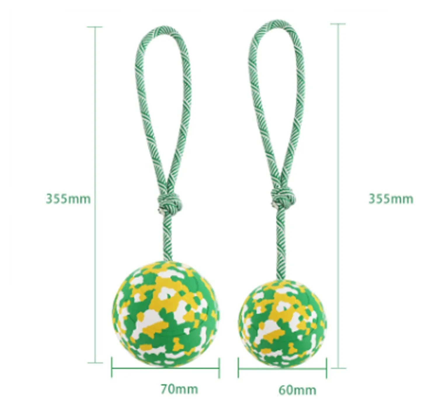 Natural rubber dog ball attached to a blue nylon rope for fetch and tug-of-war play.