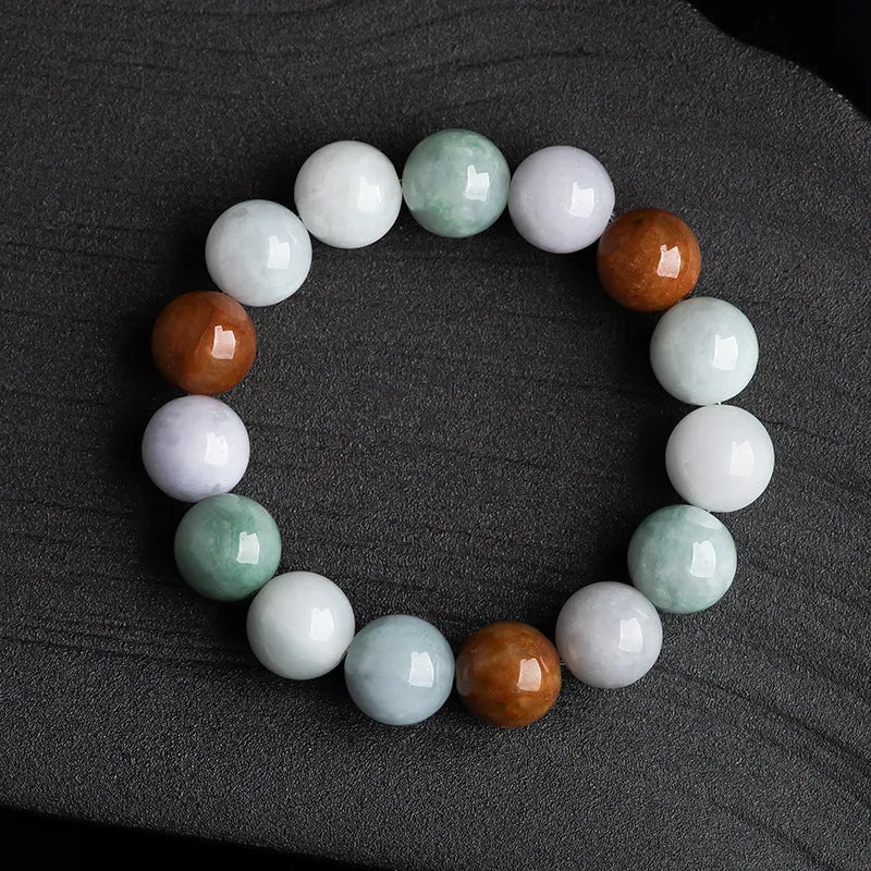 Natural Myanmar jade three-colour bracelet with 13mm round beads and national style design