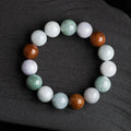 Natural Myanmar jade three-colour bracelet with 13mm round beads and national style design