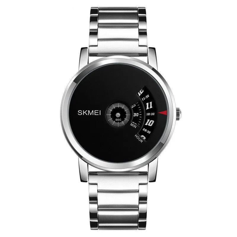 Creative business men's quartz watch with 39mm silver dial, stainless steel back, and alloy case on a steel belt