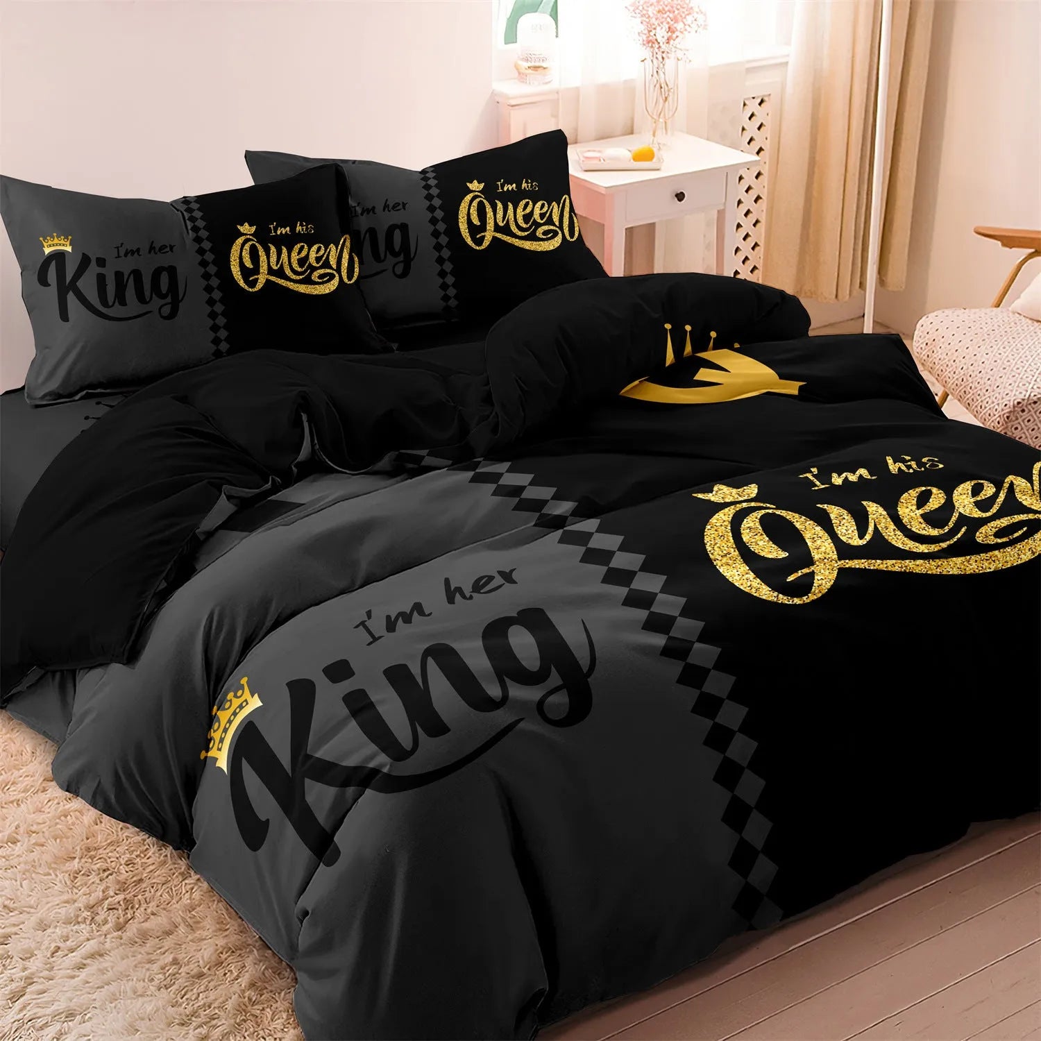 Three Piece Crown English digital printed quilt cover set in light gray on bed