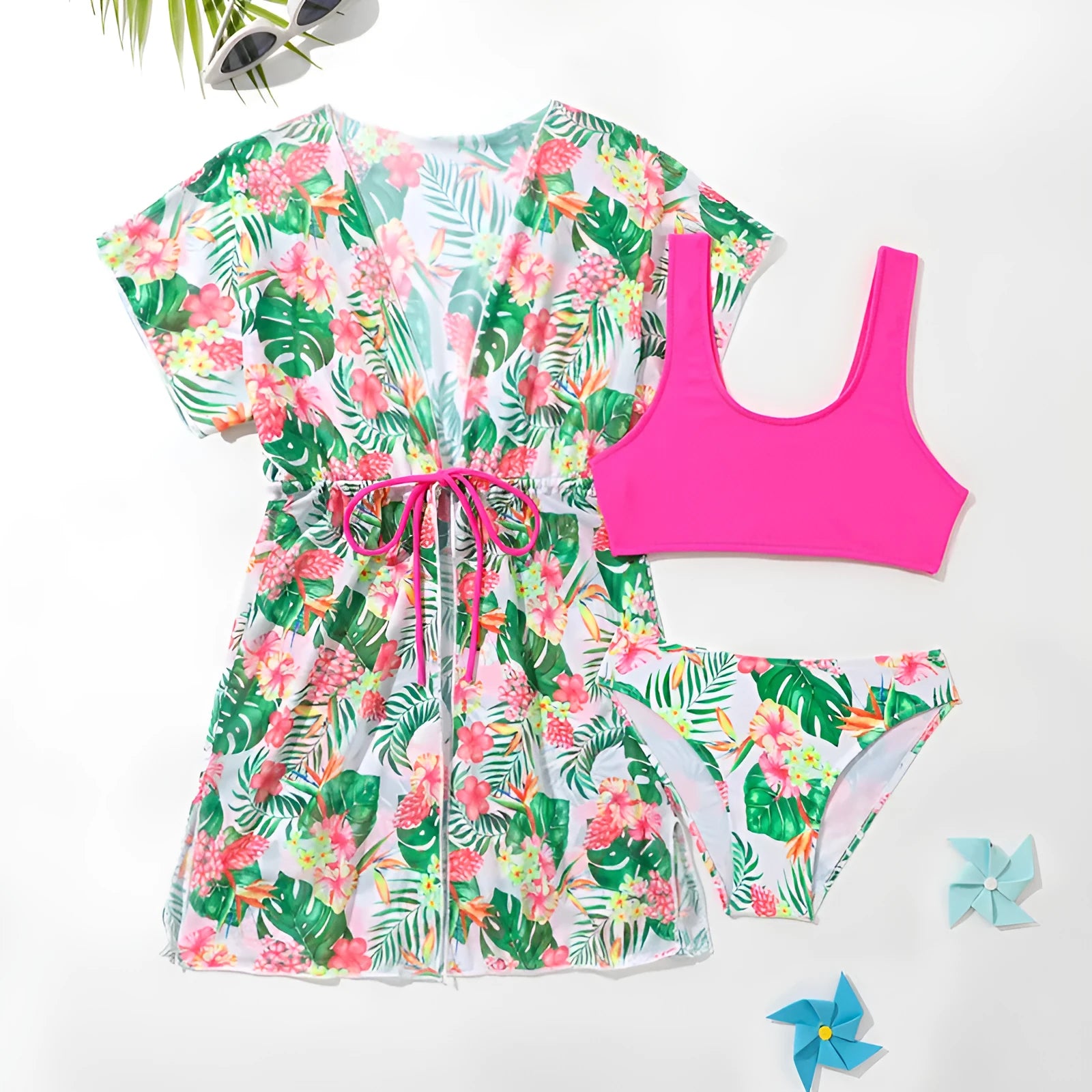 Girls' floral swimsuit set with polyester construction in sizes 130cm to 160cm