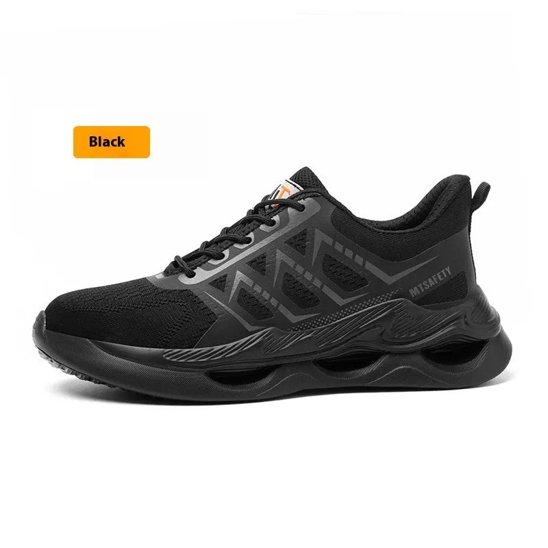 Lightweight steel toe cap labour protection shoes in 9311 Black with flat knitted upper and rubber sole