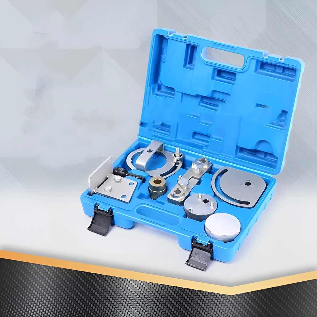 Volvo Land Rover engine timing special tool kit with eight carbon steel pieces for cylinder head alignment.