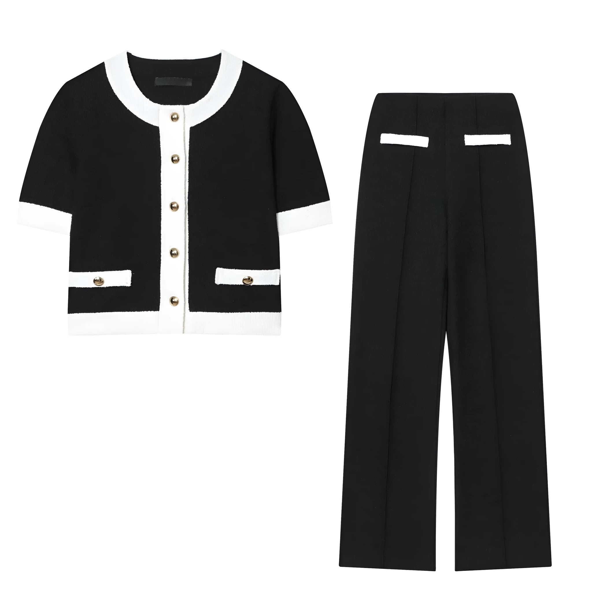 Street fashion trousers suit showing round neck top and high-waisted trousers in casual pants colour