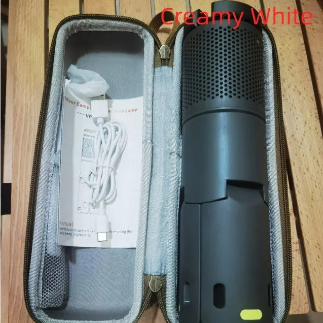 Portable LED camping lantern in off white or dark grey colour with battery power and button switch