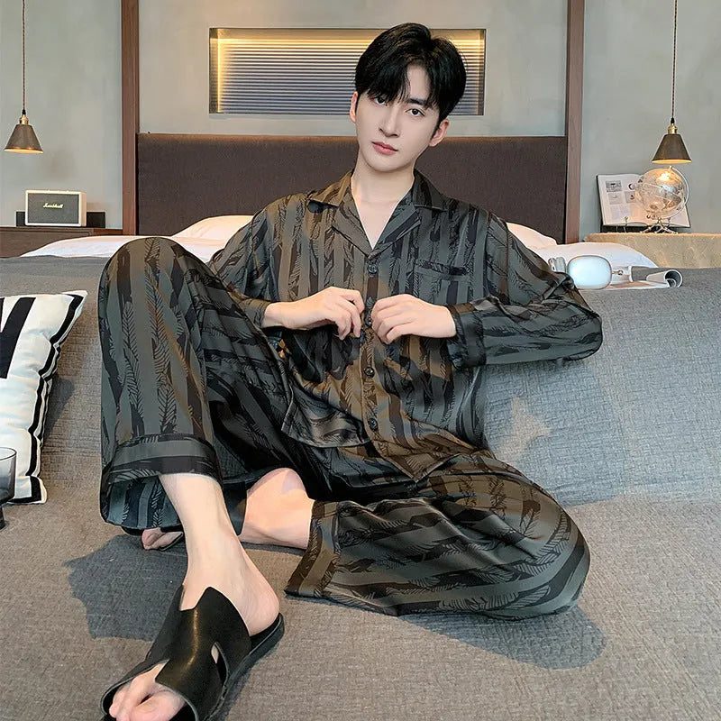Ice Silk men's pajamas V-neck long sleeve two-piece set in Black Stripes on a model