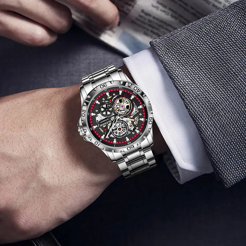 Men's automatic mechanical watch with hollow-out design showing movement through transparent case back