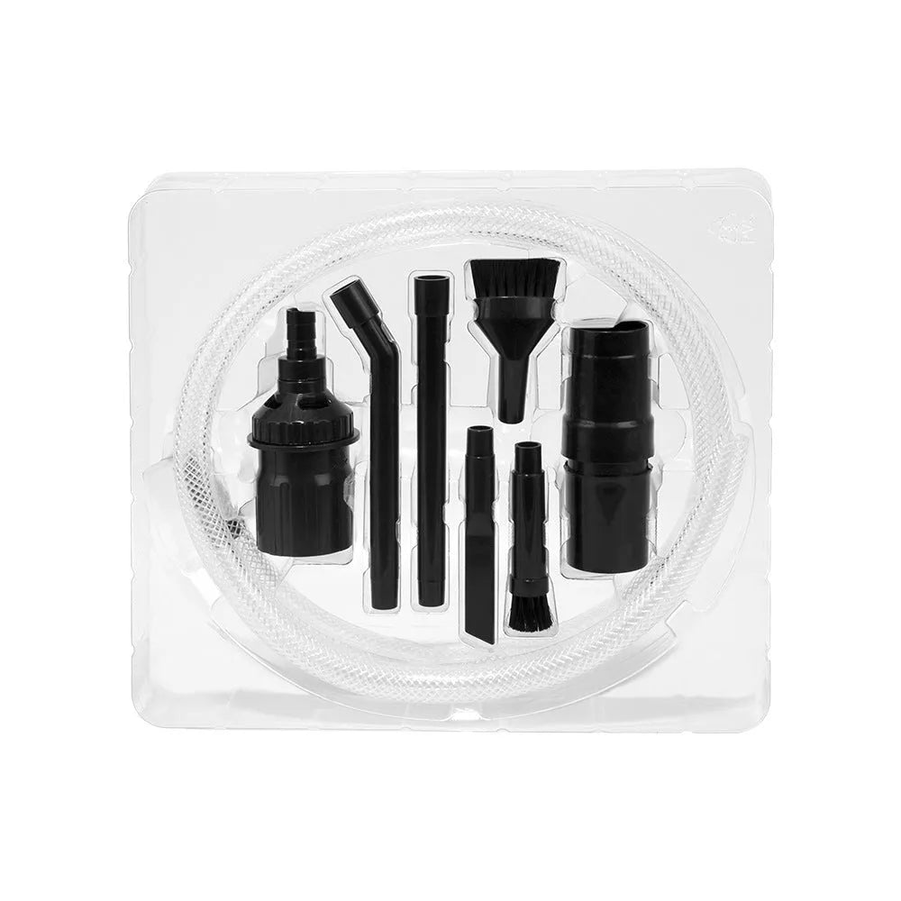 Eight-piece set of small vacuum cleaner suction heads and nozzles for detailed cleaning.