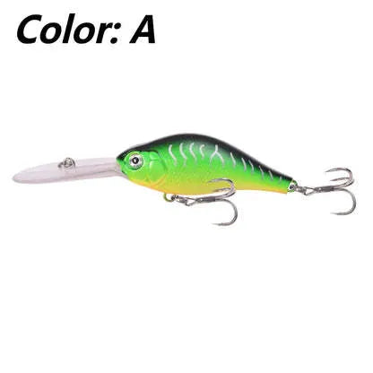 Deep diving fishing lure with long lip, 10.5cm length, in assorted colour patterns