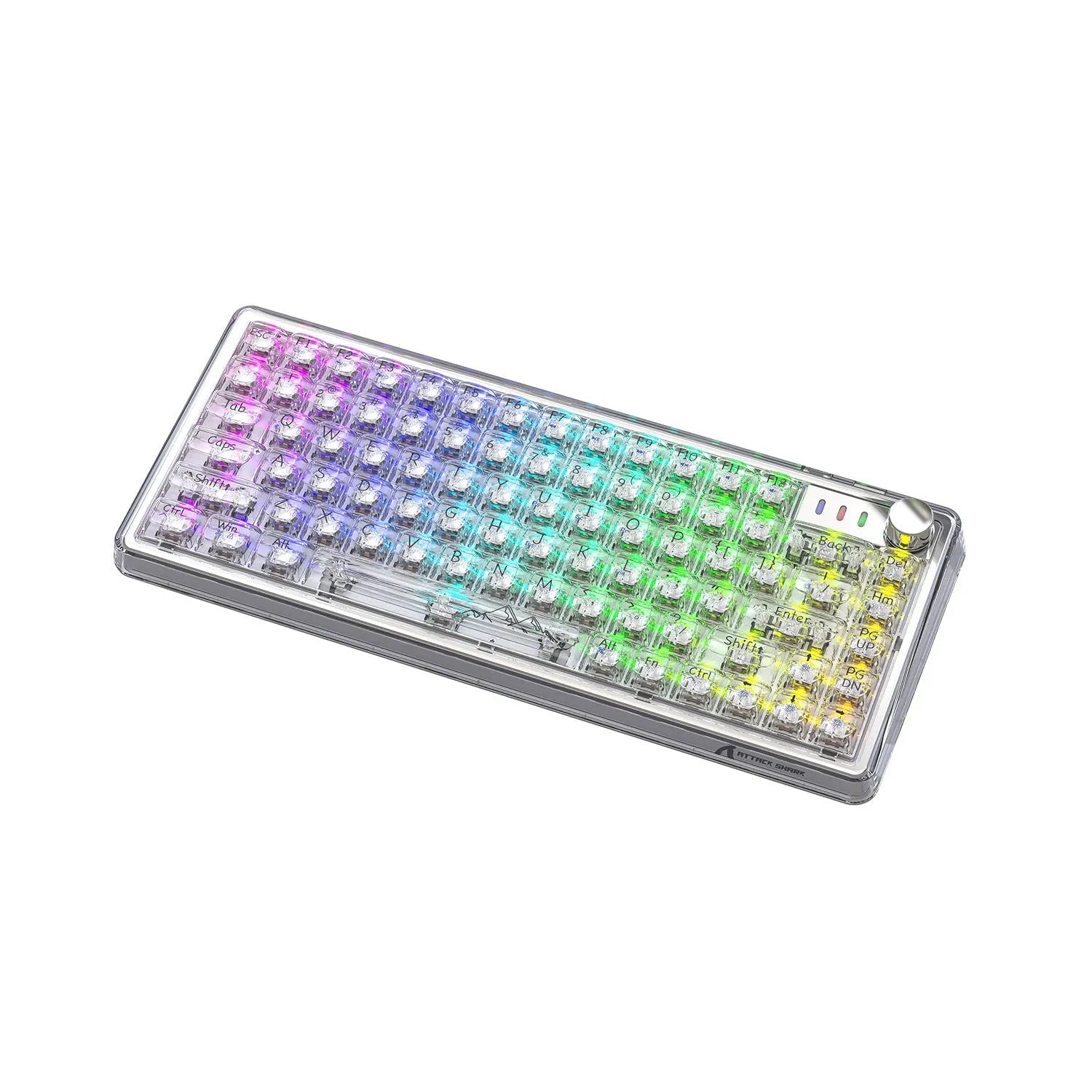 Attack Shark K75 RGB wireless mechanical keyboard with transparent housing showing internal components and RGB lighting