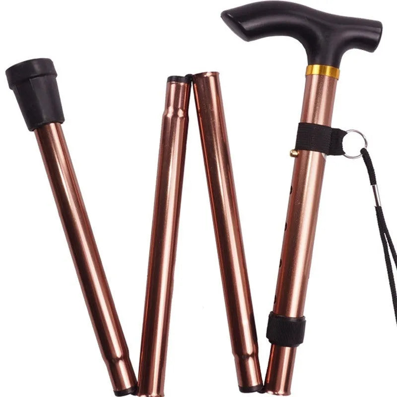 Aluminium folding walking stick with adjustable telescopic shaft and non-slip handle, shown in a selection of colours.