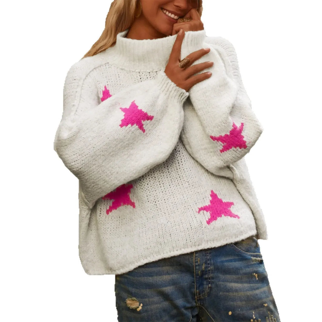 White women's turtleneck pullover sweater with star pattern in thick polyester imitation velvet fabric