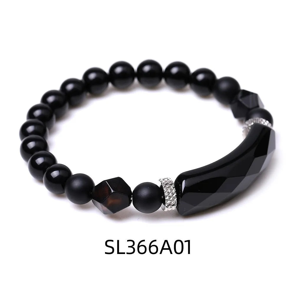 Handmade diamond-cut black agate bracelet for women and men on white background