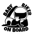 Reflective Baby on Board warning car sticker in black and white, measuring 14.5 by 15 centimetres.
