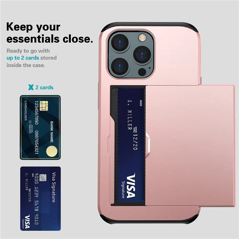 Green sliding wallet phone case for iPhone showing card slot and raised camera lip