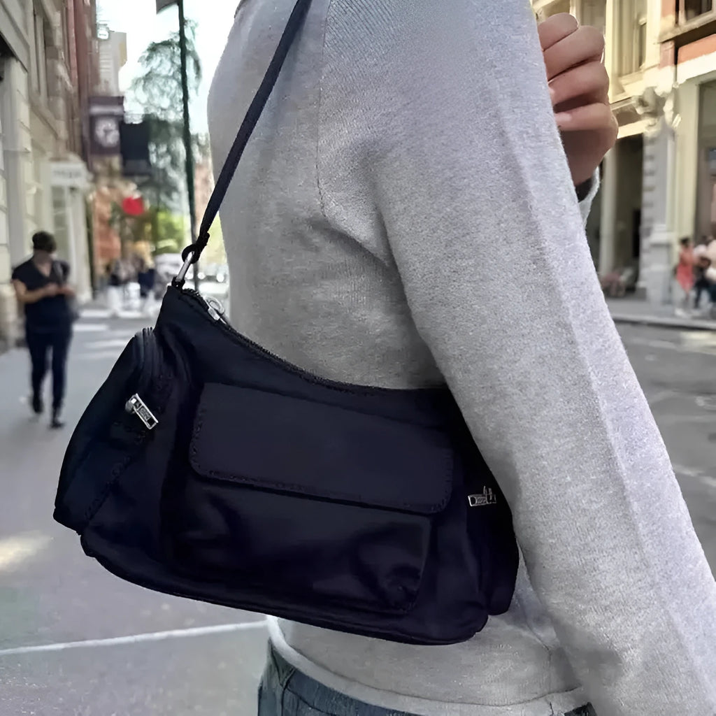 Black nylon women's shoulder bag with double pockets and side-line detailing