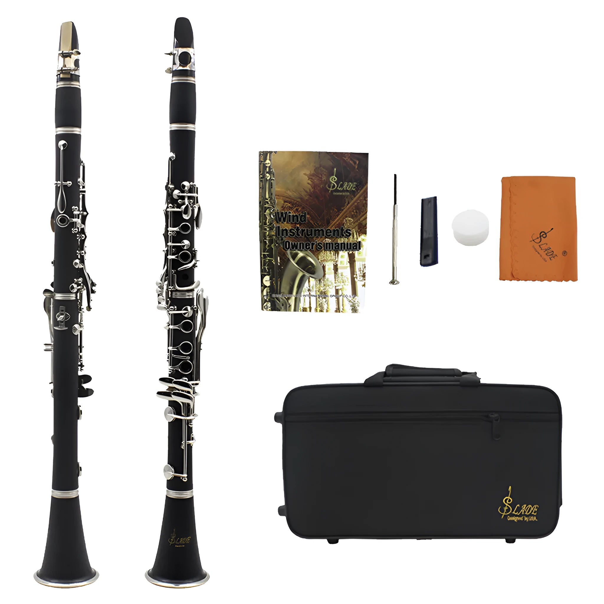 Black beginner clarinet with 17 nickel keys and carrying bag for musical practice