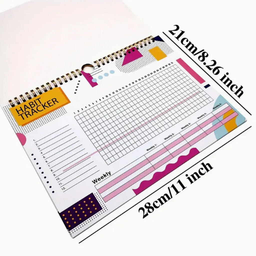 English habit tracking book open showing pages, 21cm by 28cm in flower white colour